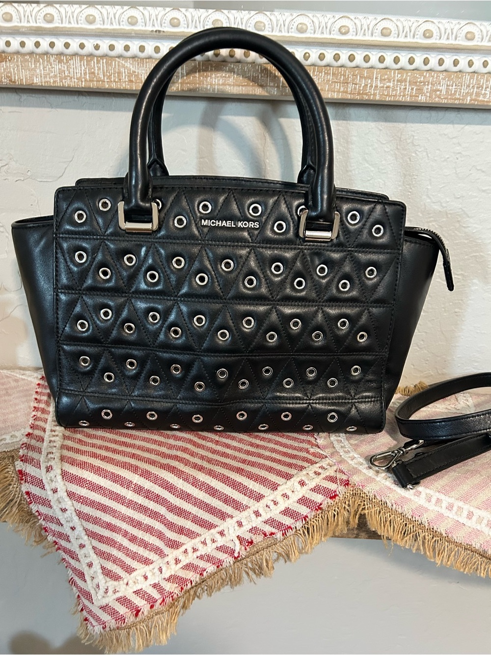 Michael Kors Selma grommeted medium coated leather black